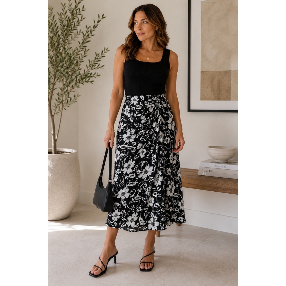 Spencer Jeremy 100% Silk Black White Floral Faux Wrap Midi Skirt Size 14